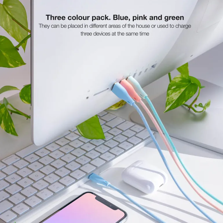 Cable Nanocable Lightning a USB 2.0 Mallado 1.0m 3U Rosa Azul Verde