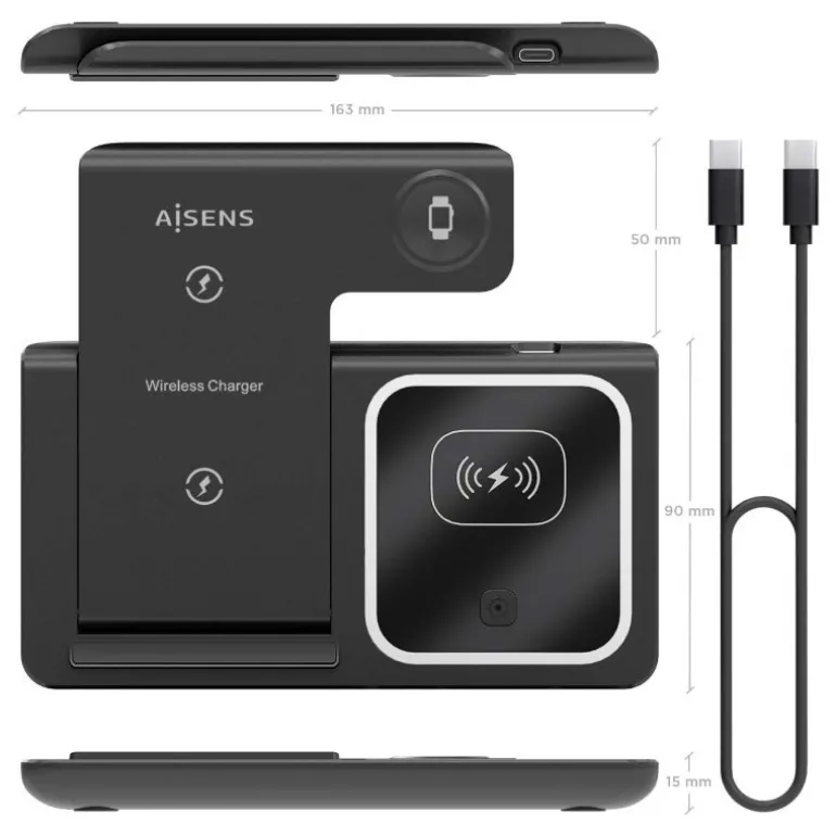 Cargador Aisens Inalámbrico USB-C 3 en 1 Negro