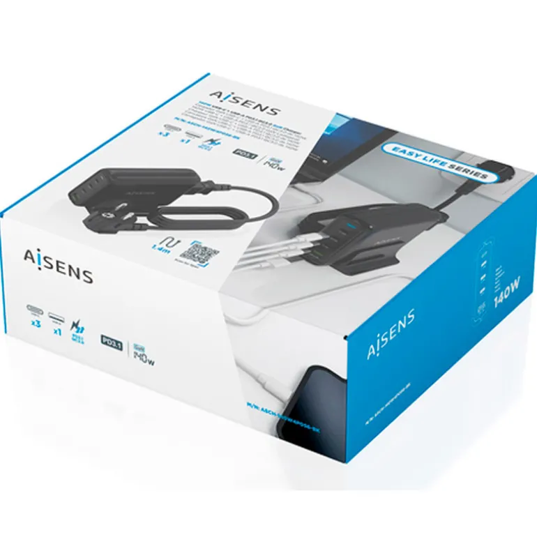 Cargador USB Aisens 140W GaN ASCH-140W4P056-BK (3xUSB-C) PD3.1 QC4.0 QC5.0 + (1xUSB-A) QC3.0 Negro