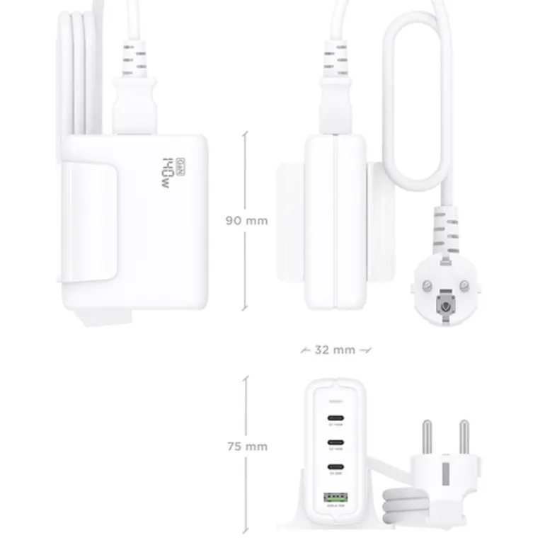 Cargador USB Aisens 140W GaN ASCH-140W4P055-W (3xUSB-C) PD3.1 QC4.0 QC5.0 + (1xUSB-A) QC3.0 Blanco
