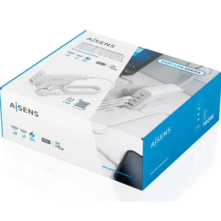 Cargador USB Aisens 140W GaN ASCH-140W4P055-W (3xUSB-C) PD3.1 QC4.0 QC5.0 + (1xUSB-A) QC3.0 Blanco