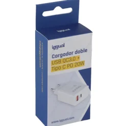 Cargador USB iggual Doble USB QC3.0 + Tipo C PD 20W