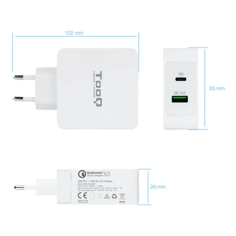 Cargador USB TooQ USB-A/USB-C 30W