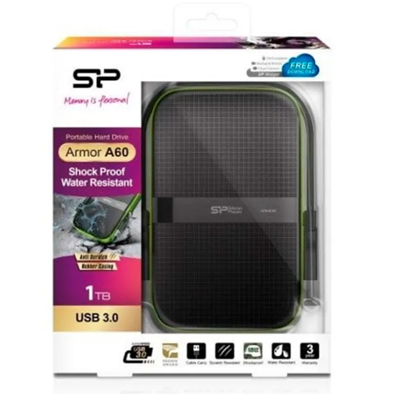 Disco Duro Externo Silicon Power Armor A60 HDD 1TB 2.5" USB 3.2 Resistente Golpes Agua Negro
