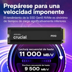 Disco Duro M.2 Crucial P510 2TB PCIe Gen5 x4 NVMe SSD Con Disipador