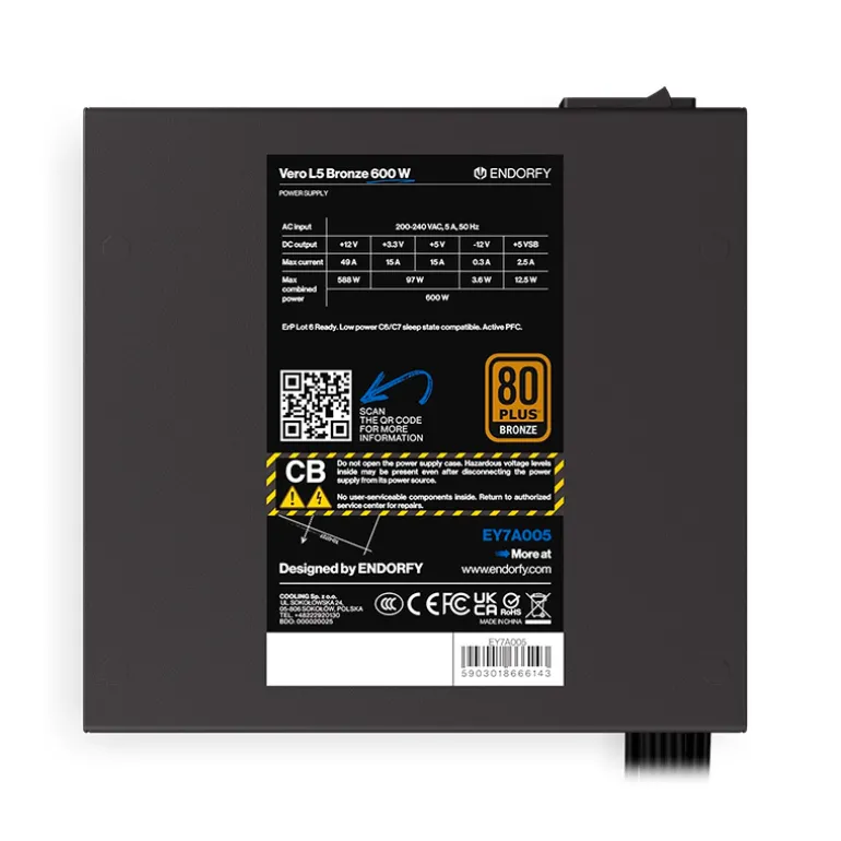 Fuente/PSU Endorfy Vero L5 80 Plus Bronze 600W