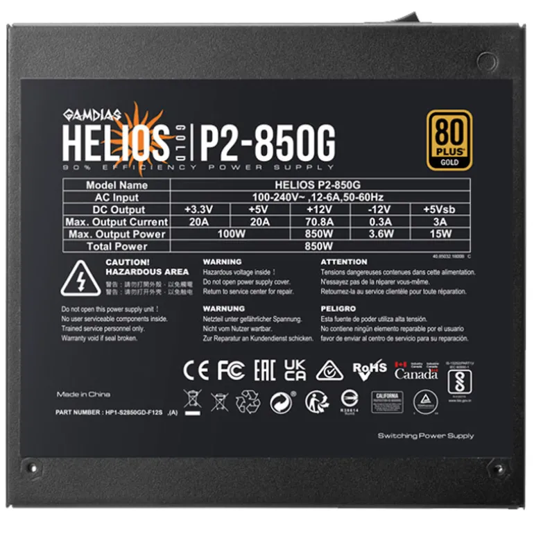 Fuente/PSU Gamdias Helios P2-850G 80 Plus Gold 850W ATX 3.1 PCIE 5.1