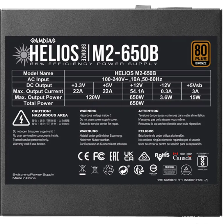 Fuente/PSU Gamdias Helios M2-650B 80 Plus Bronze 650W ATX 3.1