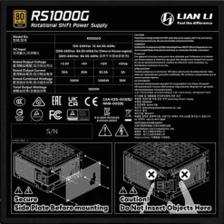 Fuente/PSU Lian Li Rotational Shift RS1000G 80 Plus Gold 1000W ATX 3.1 Modular Con Hub Negro