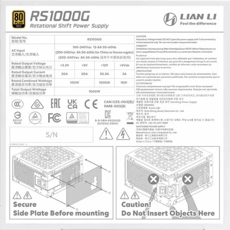 Fuente/PSU Lian Li Rotational Shift RS1000G 80 Plus Gold 1000W ATX 3.1 Modular Blanco