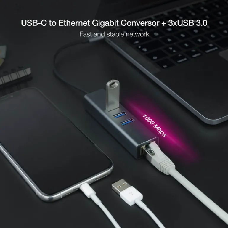 Hub Nano Cable 10.03.0408 USB 3.0 RJ45 a USB-C