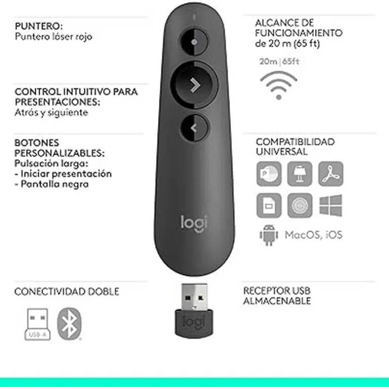 Mando a Distancia Logitech R500s Láser Para Presentaciones Bluetooth Grafito