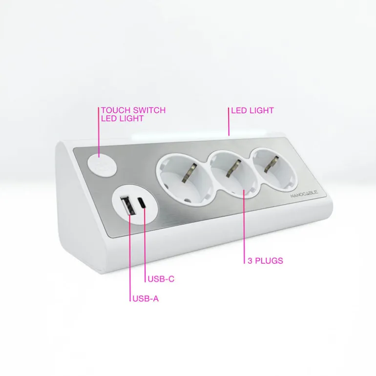 Regleta Nanocable Interruptor 3 Tomas USB-A + USB-C + Blanco