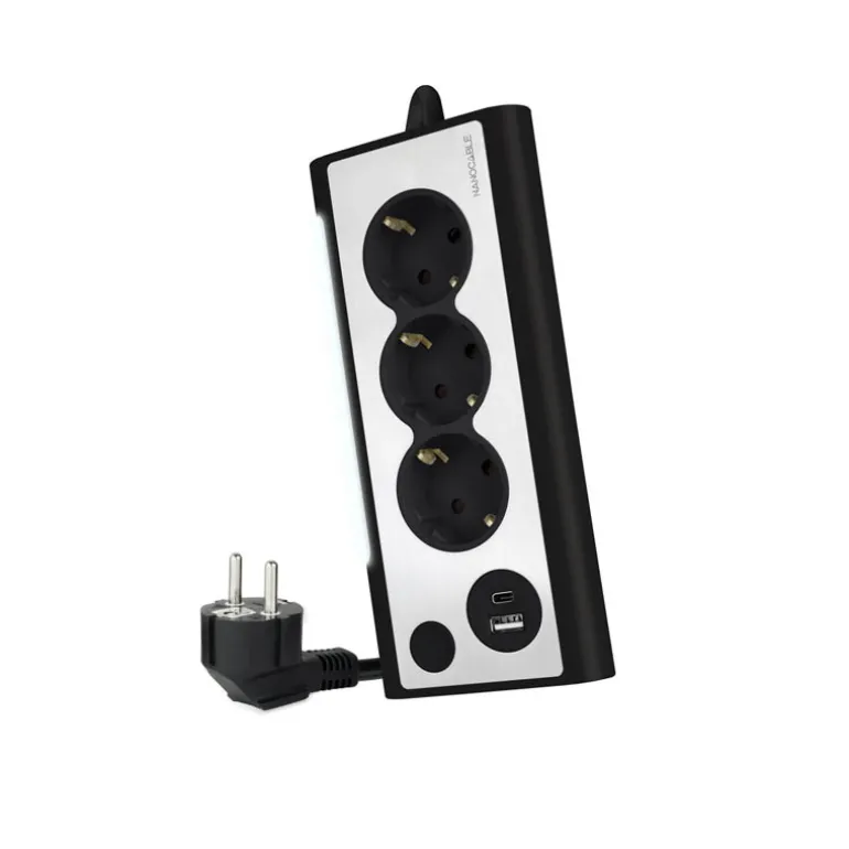 Regleta Nanocable Interruptor 3 Tomas USB-A + USB-C + Luz Negro