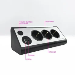 Regleta Nanocable Interruptor 3 Tomas USB-A + USB-C + Luz Negro