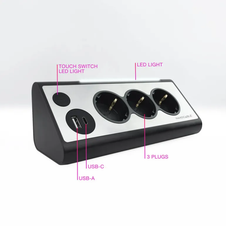 Regleta Nanocable Interruptor 3 Tomas USB-A + USB-C + Luz Negro
