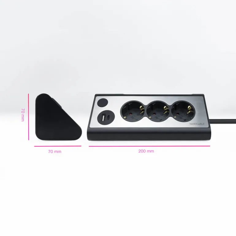 Regleta Nanocable Interruptor 3 Tomas USB-A + USB-C + Luz Negro