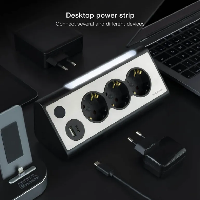Regleta Nanocable Interruptor 3 Tomas USB-A + USB-C + Luz Negro