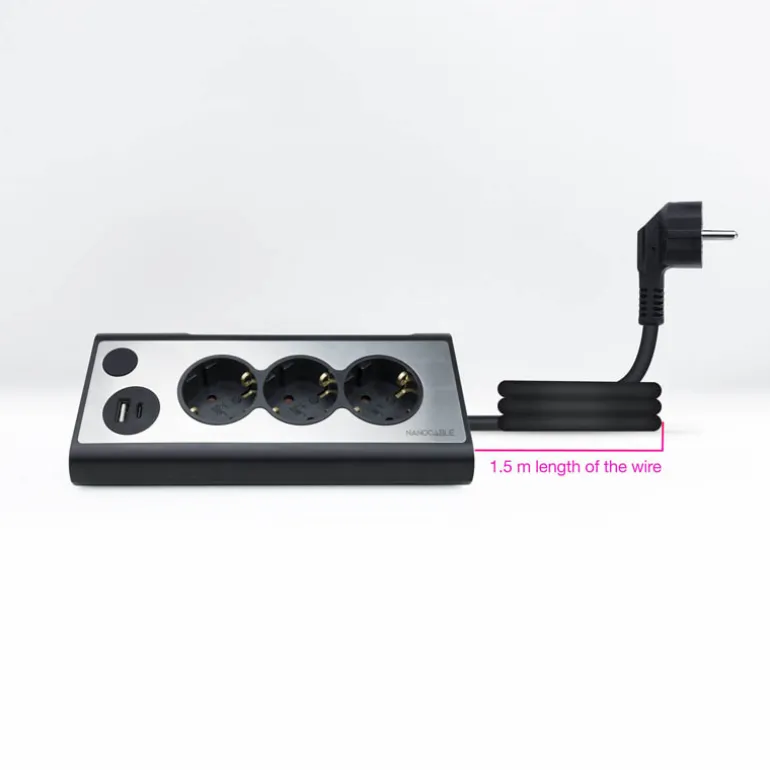 Regleta Nanocable Interruptor 3 Tomas USB-A + USB-C + Luz Negro