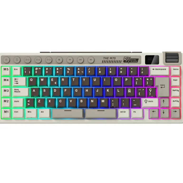 Teclado para Mac y Windows Royal Kludge RKM70 ISO-ES RGB Hot-Swappable Switch Beige Wireless Mokko Grey