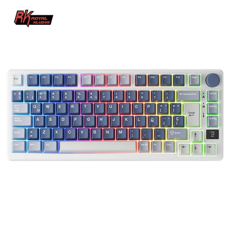 Teclado para Mac y Windows Royal Kludge RKM75 ISO-ES Hot-Swappable Switch Silver Speed Wireless Ocean Blue